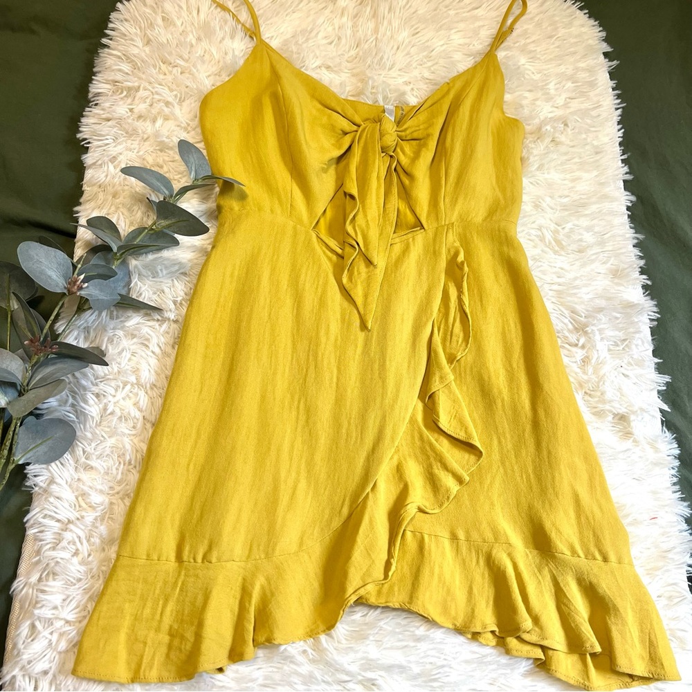 Yellow Open Front Faux Wrap Ruffle Summer Dress